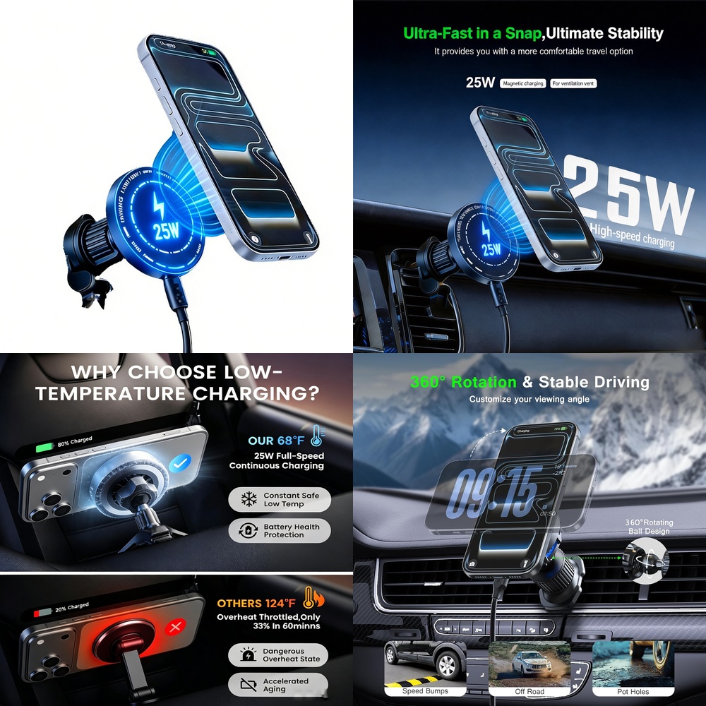 Magnetic Phone Holder For Car Vent - Cargador Inalámbrico Magnético Potente de 25W